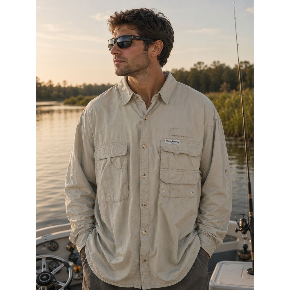 HOOK & TACKLE Men's 2XL Beige Vented Long Sleeve Fishing Shirt -1098